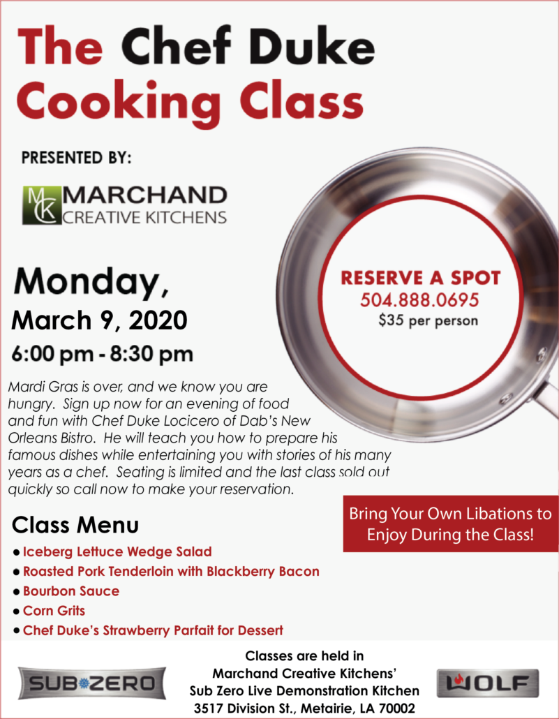 Chef Duke class full flier March 2020 | Marchand Creative Kitchens Cabinets New Orleans Metairie Mandeville LA
