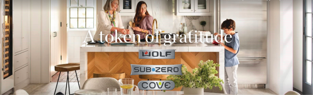 banner of kitchen with Wolf, Sub Zero and Cove offer to save 10% for current owners Marchand Creative Kitchens Cabinets New Orleans Metairie Mandeville LA